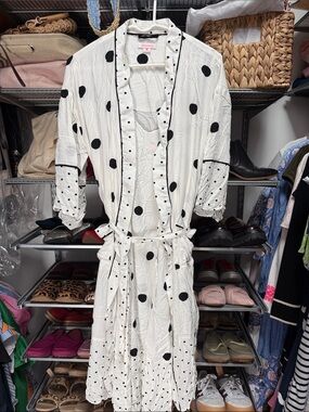 Refinery 29 Polka Dot Tie-Waist Midi Nightgown and Robe in White/Black